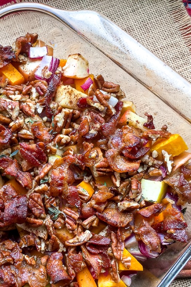 This Apple Butternut Squash Casserole with Bacon-Pecan Topping is sweet and savoury with soft and crunchy textures that make for a satisfying holiday side dish.