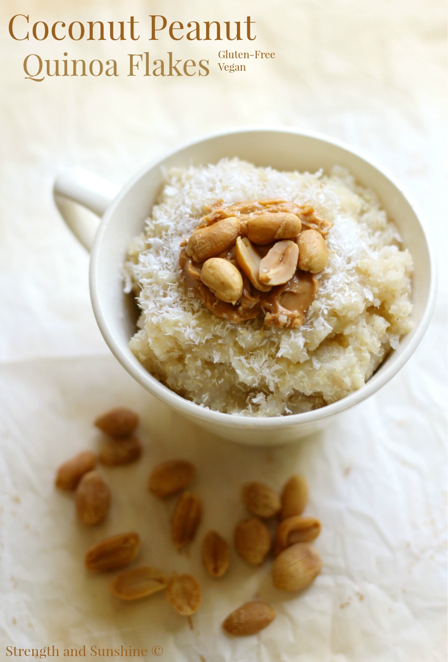 Coconut Peanut Quinoa Flakes | Strength and Sunshine @RebeccaGF666 A fun flavor combination for a quick & easy healthy breakfast recipe! Coconut Peanut Quinoa Flakes are gluten-free, vegan, and done in the microwave. A bowl of pure plant-based protein and healthy fats to fuel you all day long!