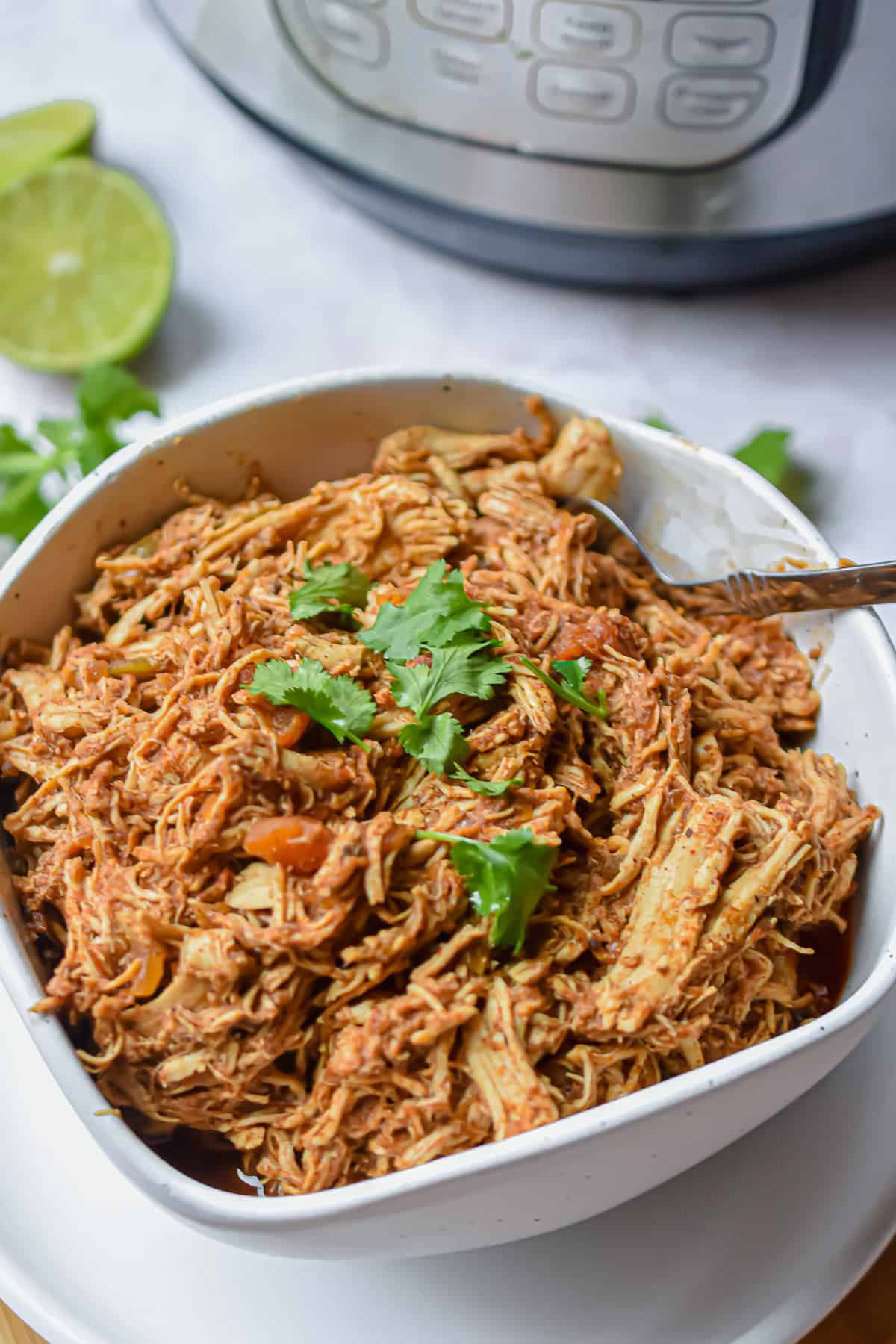 A bowl of Instant Pot Mexican Shredded Chicken is in front of the Instant Pot.