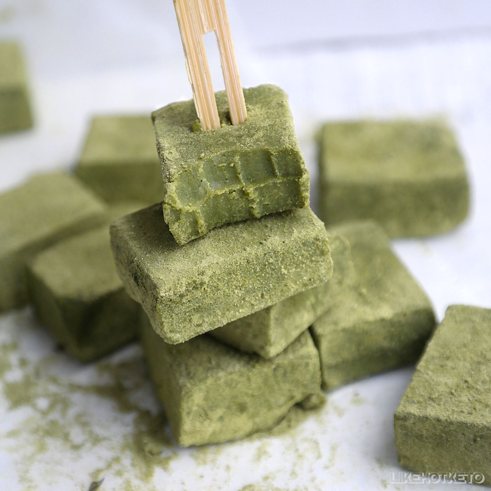 Piled up nama green tea chocolate squares.