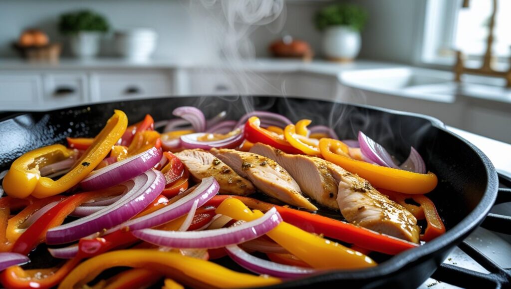 onions, peppers, and chicken frying in a skillet
