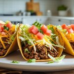 three ground beef tacos on a large white plate