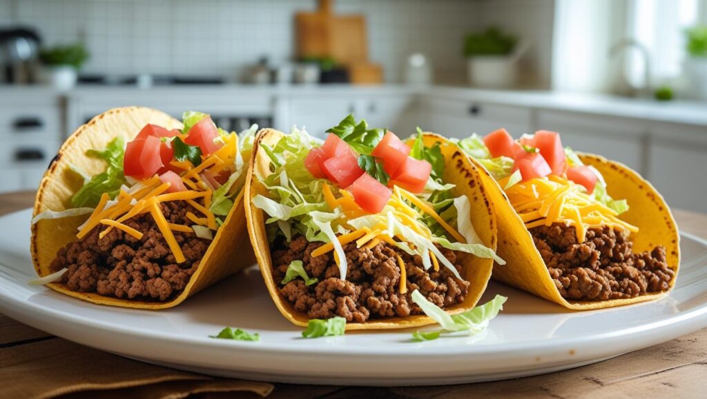 three ground beef tacos on a large white plate