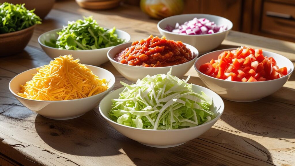taco toppings in white bowls