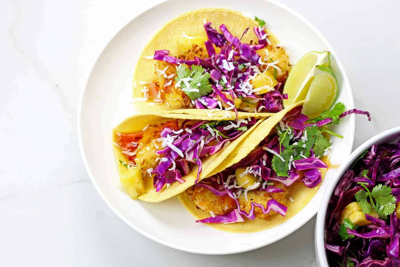 Air Fryer Coconut Shrimp Tacos with Honey-Lime Slaw