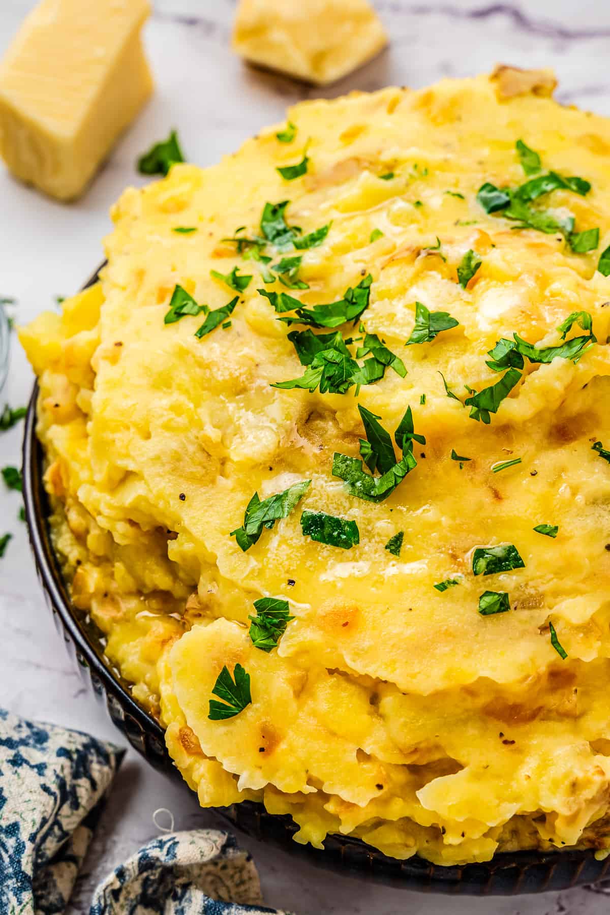 golden caramelized onions mashed potatoes garnished with parsley