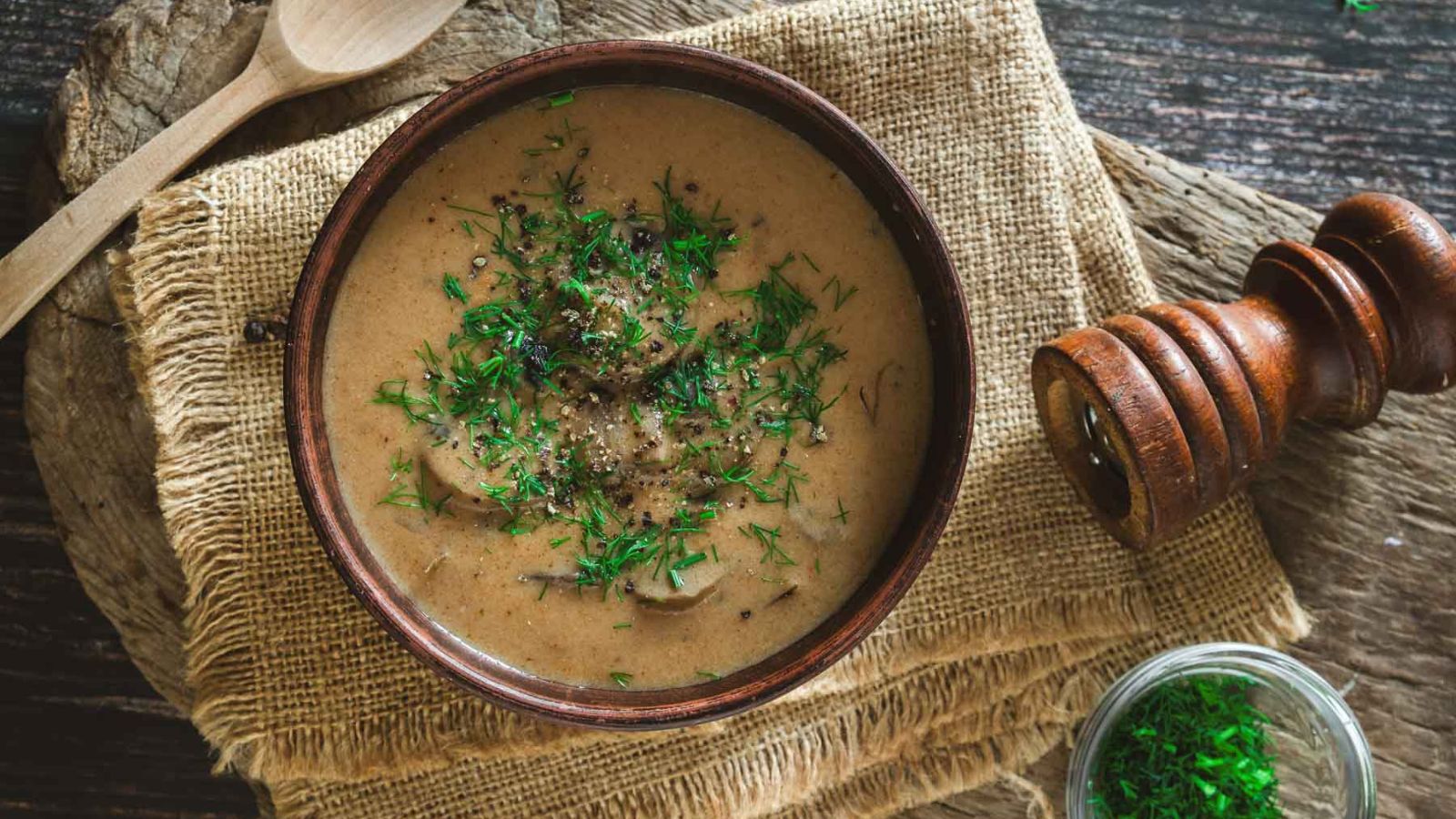 A big bowl of creamy Hungarian mushroom soup with mushrooms and fresh dill.