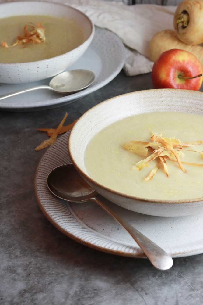 Roasted Parsnip and Apple Soup with Parsnip Crisps