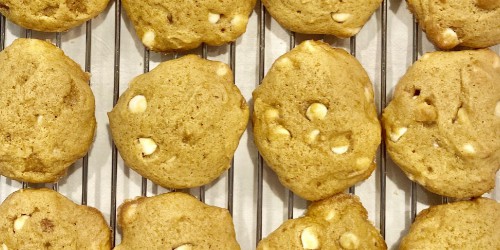 How to make pumpkin white chocolate chip cookies featuring cookies on a baking rack