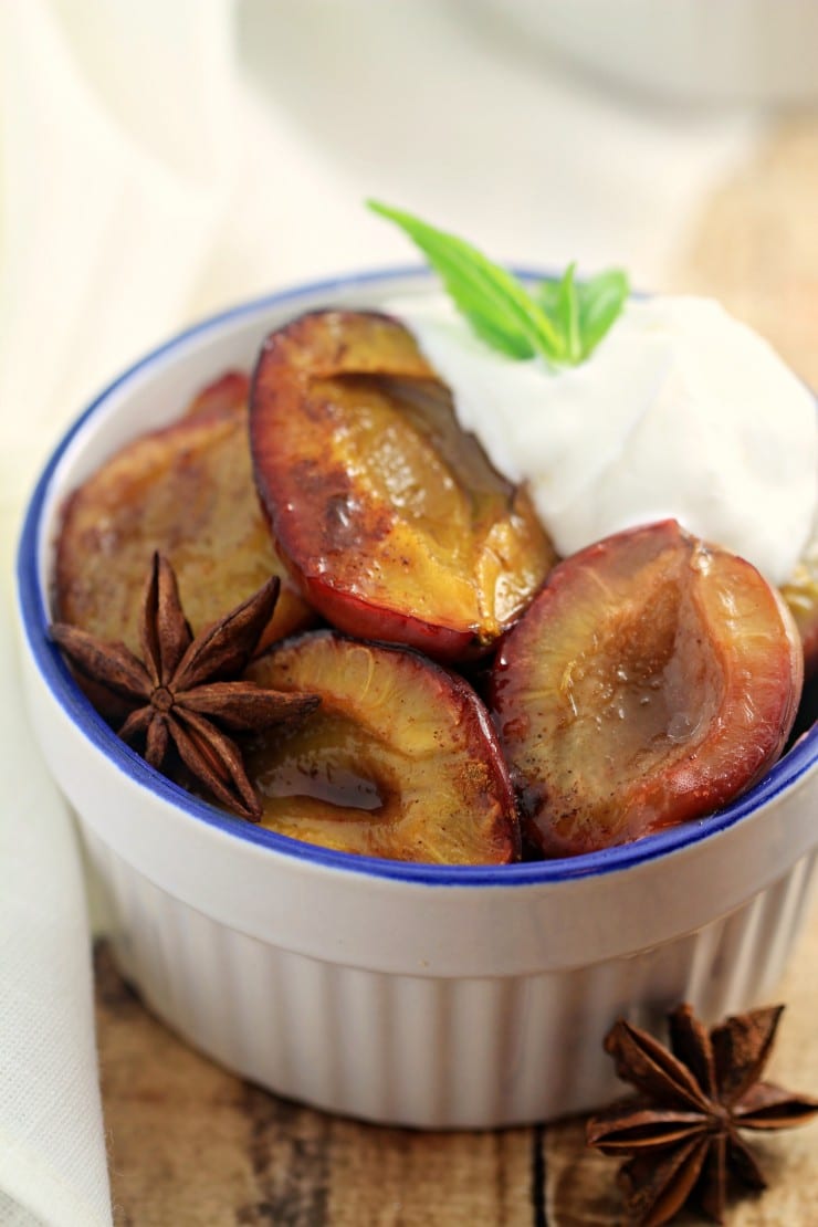 Spiced roasted plums are a simple but flavourful late summer dessert. The plums soften into tender sweetness, while the spices help to make this dish warm and fragrant. Perfect for serving with Greek yogurt for a healthy treat, or Crème fraiche for a sinful dessert.