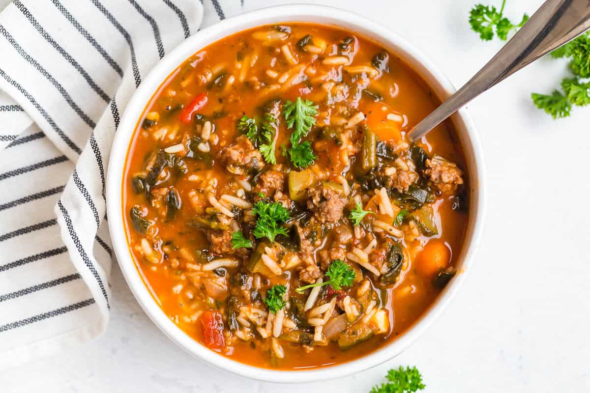 One-Pot Italian Sausage Soup with Rice and Spinach