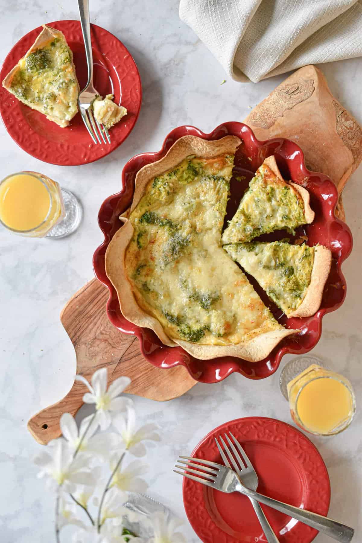 Broccoli Cheddar Quiche with Tortilla Crust