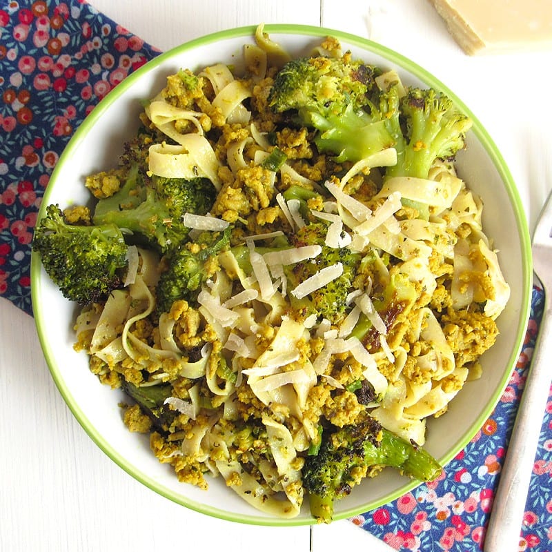 adobo turkey and roasted broccoli tagliatelle pasta
